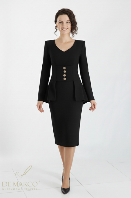 Ponadczasowa czarna garsonka damska wizytowa z baskinką. Sklep internetowy De Marco