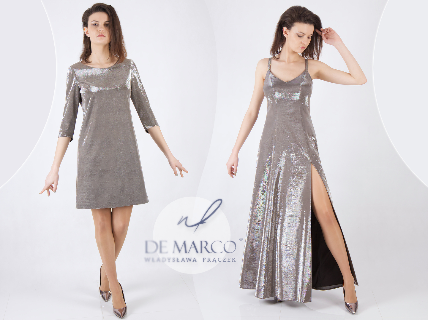 Silver tailored wedding dresses at De Marco