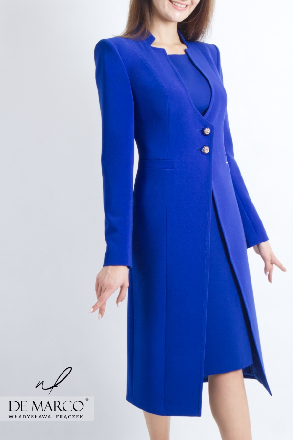 A sophisticated set of a coat and a dress in sapphire color