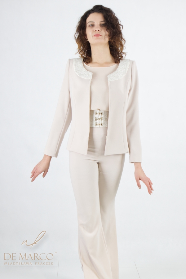 An elegant formal women's suit in shades of beige. The most fashionable  women's sets with trousers from the Polish manufacturer