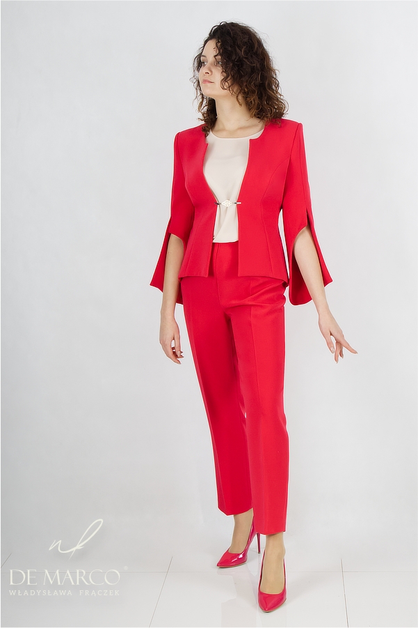 Exclusive formal women's suit in shades of red. The most fashionable women's  sets with trousers made to measure