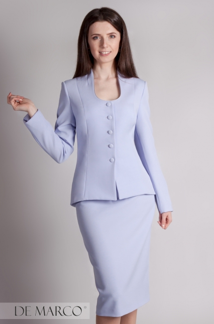 Light blue spring suit for the Bellona office. The most fashionable power look costumes and suits. De Marco online store