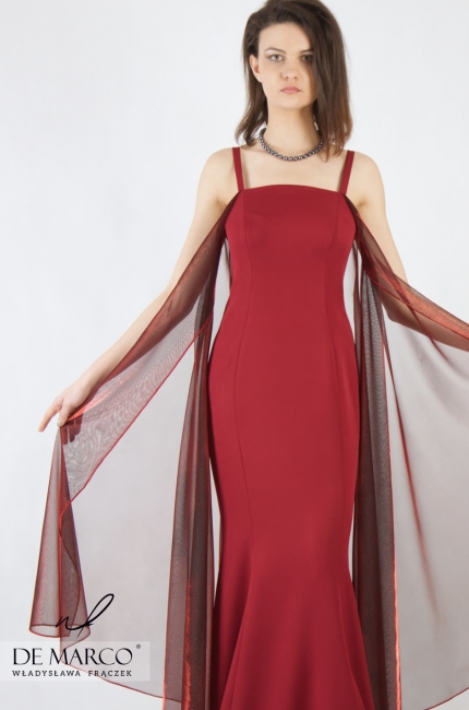 Stylish evening dress in shades of red Erazma, Tailoring made to the designer from Wadowice