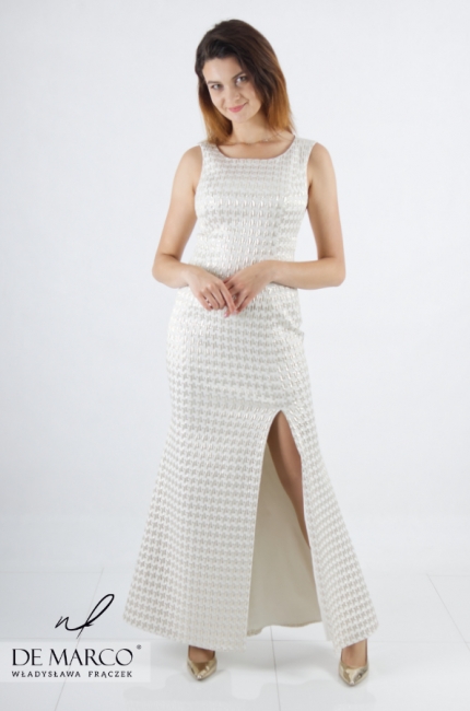 Long column dress with a Jacquard slit, sewn in Poland. Made to measure De Marco