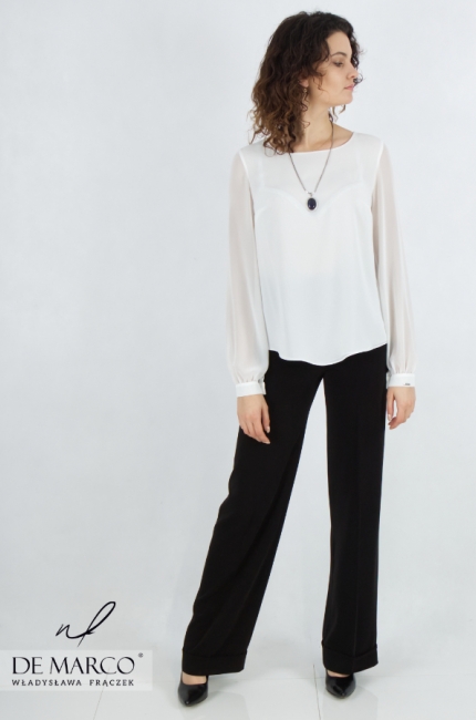 A loose white chiffon blouse sewn in Poland. Elegant formal blouses with long sleeves from the Polish producer De Marco