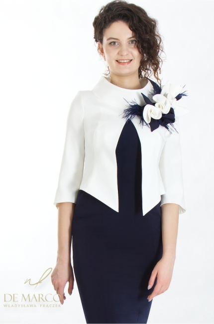 White and navy blue dress sewn in Poland with a fancy jacket. Fashionable women's formal sets with original handmade accessories. De Marco online store