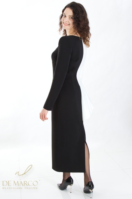 Nowoczesna czarno biała suknia o oryginalnym kroju perfekcyjna dla Mamy Wesela. Sklep internetowy De Marco