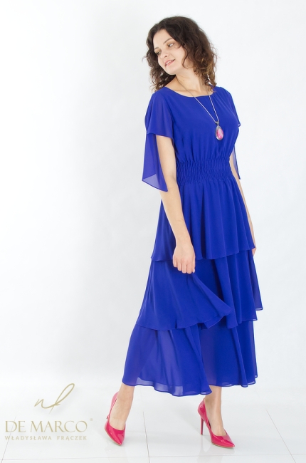 Piękna szafirowa sukienka maxi z falbanami idealna na lato. Sklep internetowy De Marco