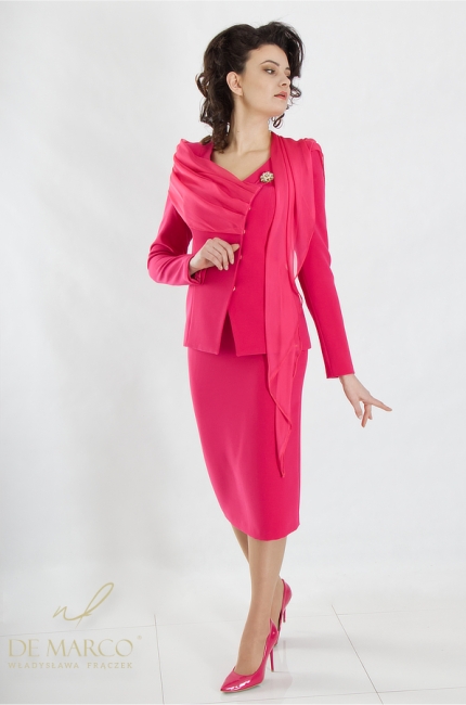 An original costume set: a suit with a skirt and a scarf. Women's formal suit in shades of red and pink. De Marco online store