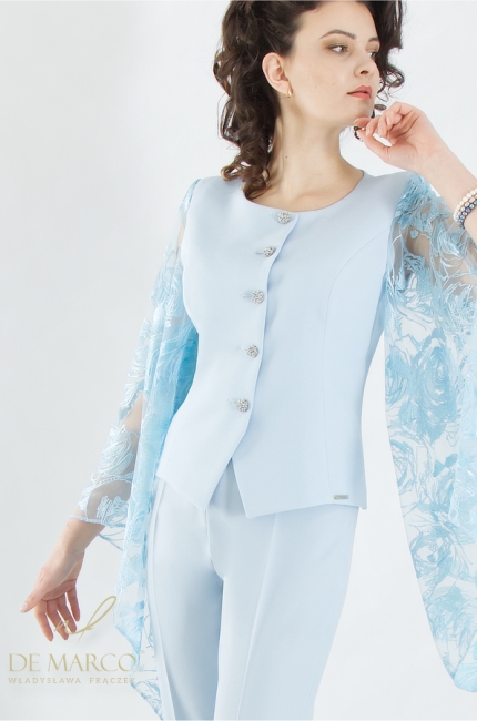 Szyty w Polsce garnitur damski okolicznościowy w odcieniach błękitu. Najpiękniejsze spodnium damskie z koronką na wesele. Sklep internetowy De Marco