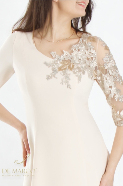 Romantic special occasion dress with gold lace. Polish producer De Marco