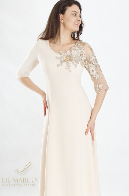 Luxurious wedding outfit for women 40+ 50+ 60+ Elegant formal dress with a lace neckline. Polish producer De Marco