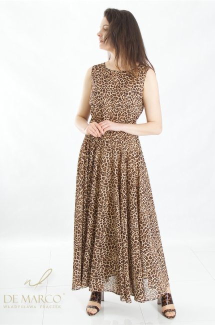 Long chiffon formal dress with animal print. Tailor-made leopard print party dresses from the Polish manufacturer De Marco