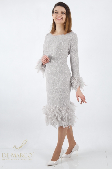 Gray formal dress for a wedding reception, banquet, gala premiere. Fashionable evening dresses decorated with feathers. De Marco tailoring