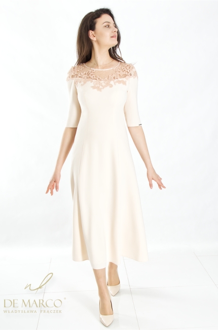 Sensual, waist-slimming formal dresses in a vanilla shade. De Marco tailoring