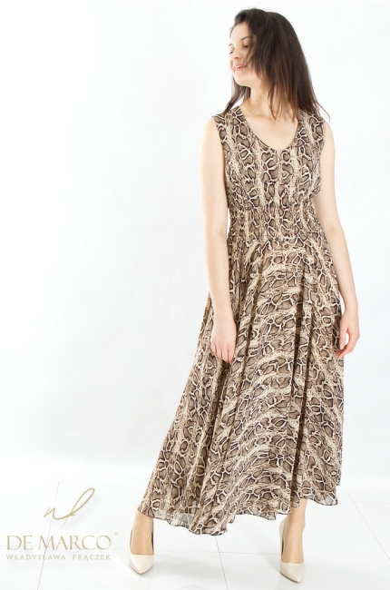 Original summer formal maxi dress in shades of beige and brown. Polish producer De Marco