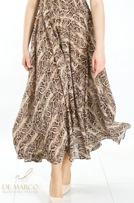 Original women's chiffon styling with an animal motif. Snake print dress. De Marco online store