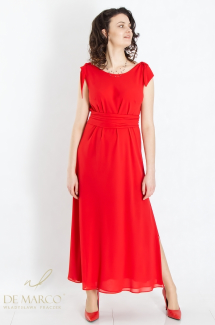 Piękna sukienka wizytowa o swobodnym fasonie w kolorze czerwonym. Sklep internetowy De Marco