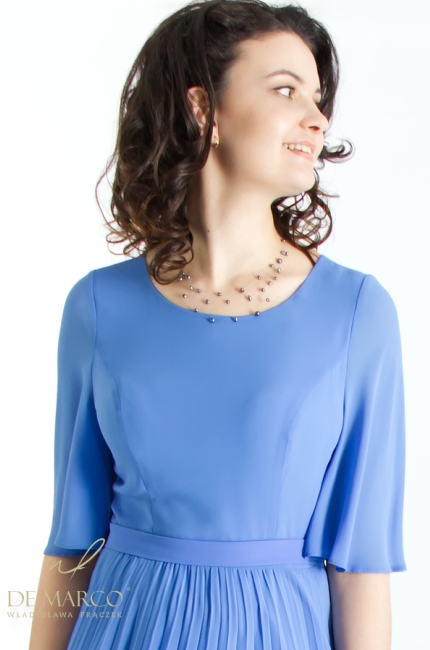 A luxurious chiffon formal dress in shades of blue, sewn in Poland. Polish manufacturer of exclusive women's clothing De Marco