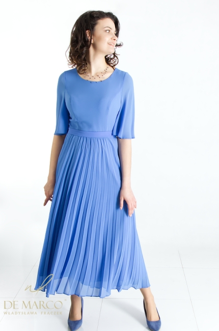 Light, airy chiffon formal dresses from De Marco. Blue outfits perfect for De Marco's wedding