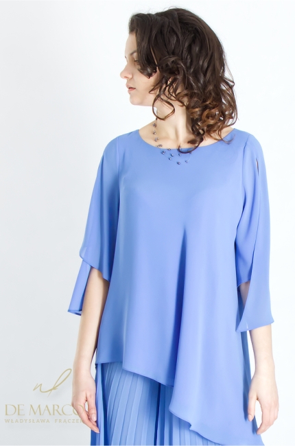 Women's blue summer formal sets with trousers and a chiffon blouse made in Poland. De Marco online store