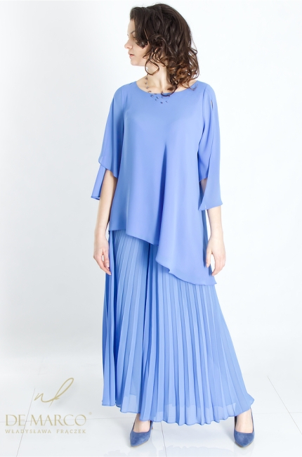 The most beautiful women's chiffon formal sets with trousers. Blue sets with chiffon trousers. Polish producer De Marco