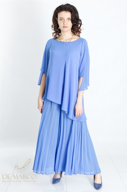 Romantic, casual women's formal set in shades of blue with trousers. De Marco tailoring