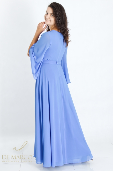 Luxurious egyptian blue maxi wedding dress sewn in Poland. De Marco tailoring