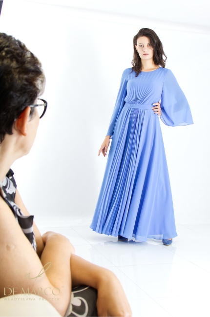 Blue styling for a party, celebration, concert premiere. Maxi dress with pleating for the Mother of the Wedding. De Marco tailoring