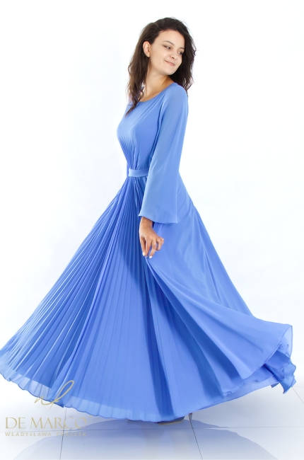 Romantic blue long dresses with fancy pleating. Polish manufacturer of luxury women's clothing De Marco