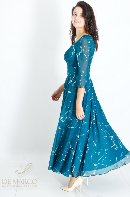 Piękna jedwabna sukienka wizytowa w kolorze morski cyjan. Sklep internetowy De Marco