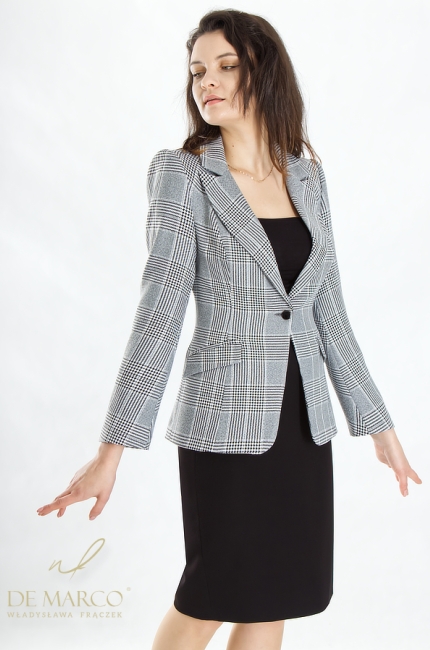 Made in Poland, a checkered blazer with a pencil skirt. Luxury office work sets with a women's blazer and skirt. Polish manufacturer De Marco