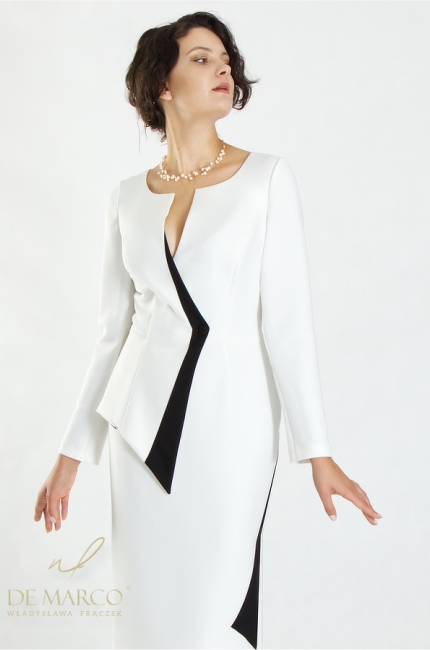 White diplomatic dress with black asymmetric trim. De Marco online store