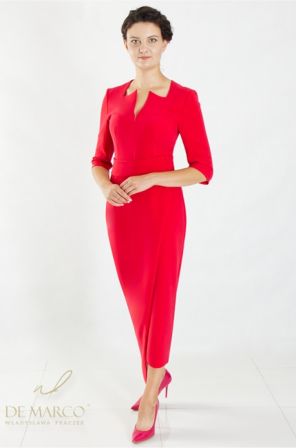 Ekskluzywna czerwona sukienka wizytowa w stylu Pierwszej Damy RP. Sklep internetowy De Marco