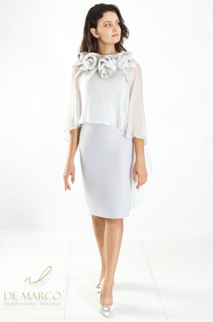 Elegant formal dress with silk scarf decorated with hand-formed flowers. De Marco online store