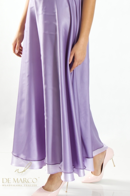 Polish manufacturer of luxury women's clothing De Marco. Lilac maxi formal dress made of natural silk. De Marco online store