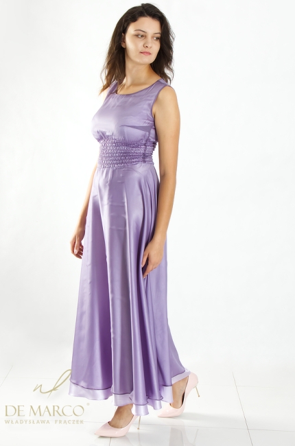 Purple lilac maxi dress with elastic waistband. Elegant and comfortable maxi dresses for evening 100% silk. De Marco online store