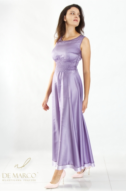 The most beautiful silk maxi dresses in shades of purple. Polish manufacturer of luxury formal clothing made of natural silk De Marco