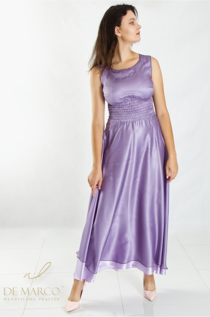 Romantic tailored maxi dress formal party perfect for wedding reception first anniversary banquet. Luxurious dress in lilac color natural silk. De Marco online store