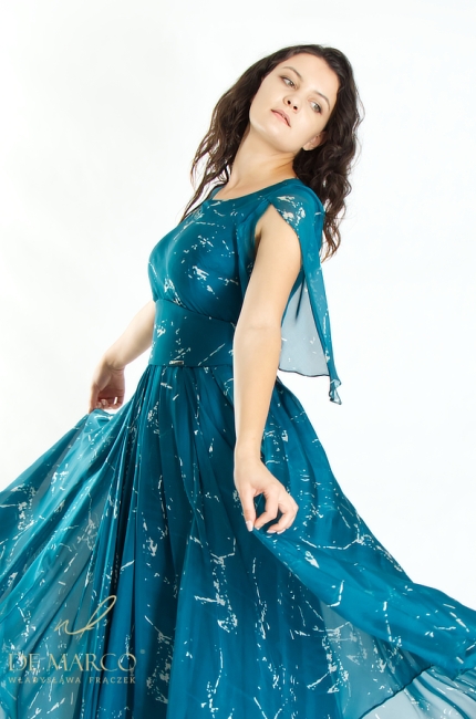 The most beautiful silk party dresses in shades of blue and green. Tailoring De Marco