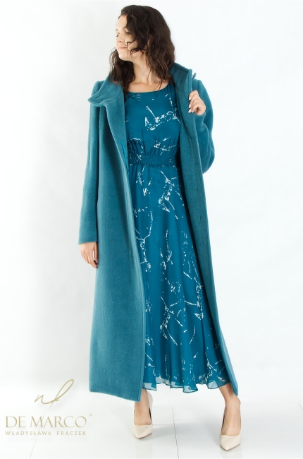 Modern turquoise women's formal coat made of wool. The most fashionable tied dressing gown coats. Polish manufacturer De Marco