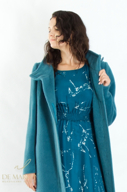 Turquoise elegant long women's coat wool. Tailoring De Marco online store