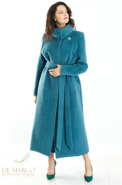 Exclusive warm women's coat with turquoise. De Marco online store