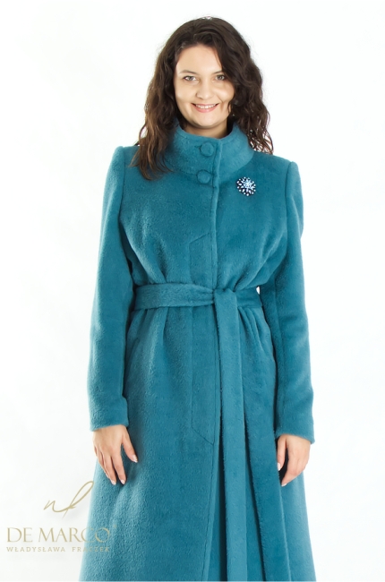 Fashionable turquoise formal maxi coats 100% wool. De Marco online store