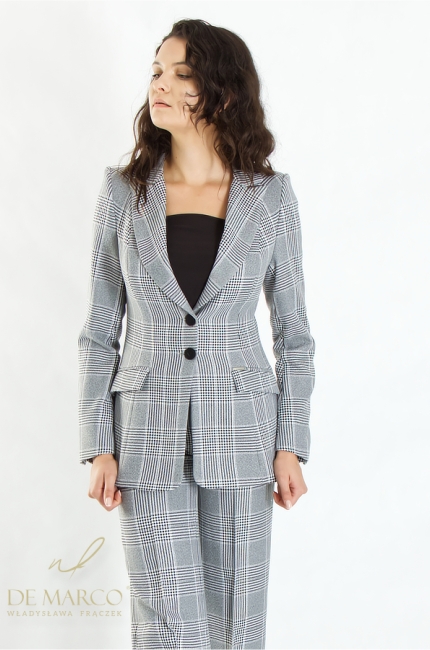 Perfect for autumn and winter, women's suits in a fashionable check. Formal women's sets with trousers and a jacket. De Marco online store