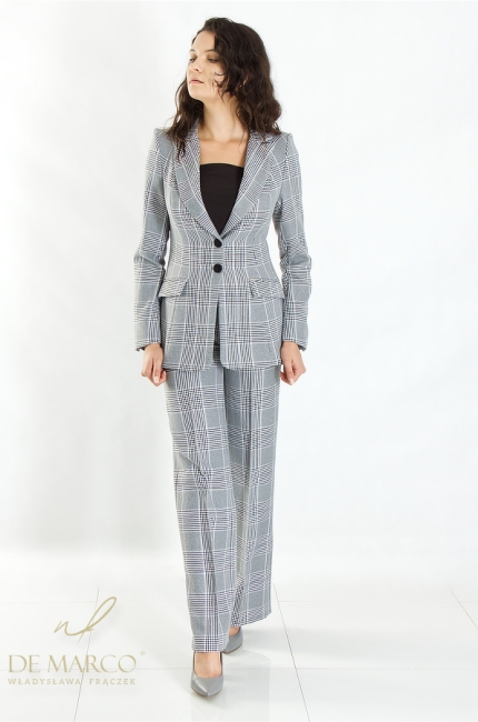 Modern two-piece sets with trousers. Stylish gray women's suits in checks. De Marco online store. We sew in Małopolska