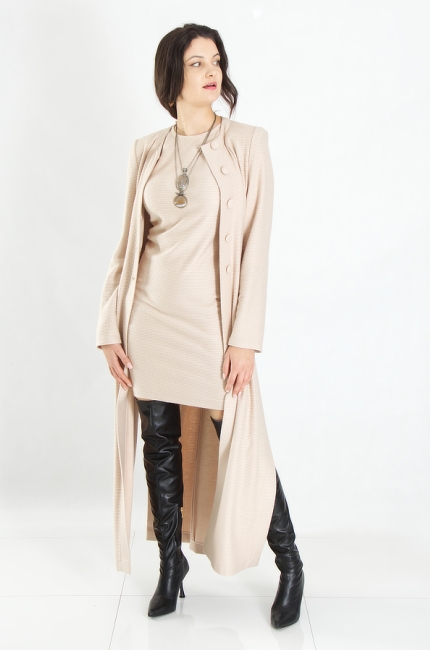 Elegant beige casual work set. Knitted mini dress with long cardigan. De Marco online store