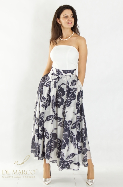 Idealny komplet na wyjątkowe okazje – jedwabna spódnica kwiatowa i gorsetowy top. Szyte na miarę eleganckie zestawy wizytowe De Marco