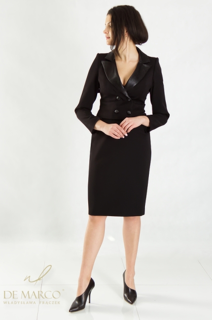 Ekskluzywna wieczorowa czarna garsonka damska ze spódnicą. Sklep internetowy De Marco