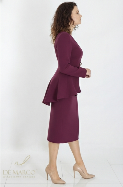 Luksusowa bordowa garsonka wizytowa idealna dla Mamy Wesela. Szycie na miarę De Marco